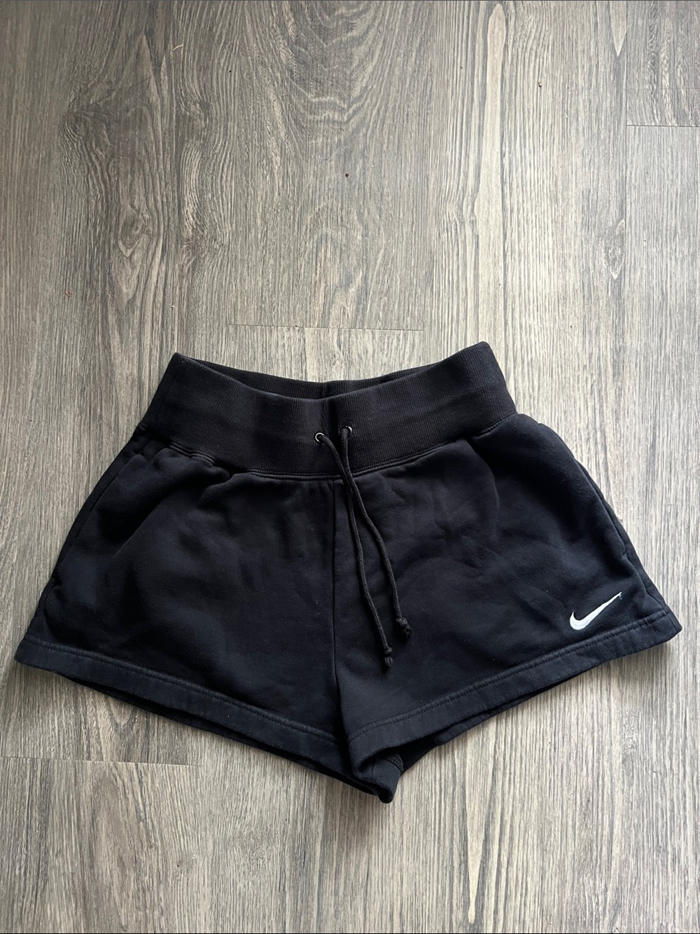 Nike Women's Black Athletic Drawstring Shorts with White Swoosh Medium